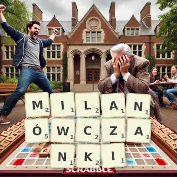 Kreatywna ilustracja do gry w Scrabble ze słowem MILANÓWCZANKI ułożonym z płytek na planszy.
