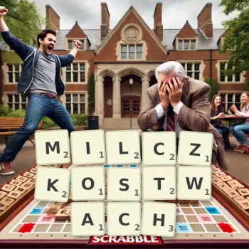 Kreatywna ilustracja do gry w Scrabble ze słowem MILCZKOSTWACH ułożonym z płytek na planszy.