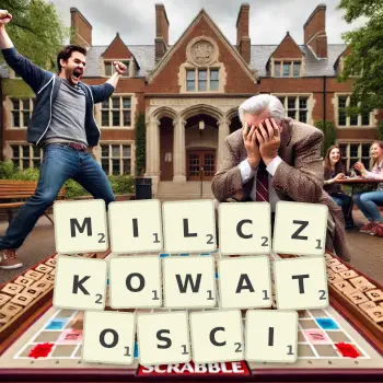 Kreatywna ilustracja do gry w Scrabble ze słowem MILCZKOWATOSCI ułożonym z płytek na planszy.