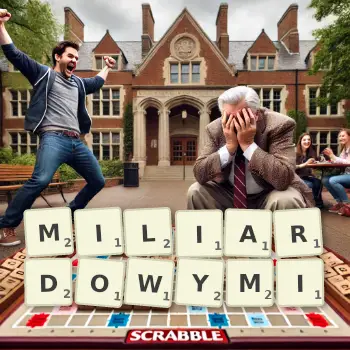 Kreatywna ilustracja do gry w Scrabble ze słowem MILIARDOWYMI ułożonym z płytek na planszy.