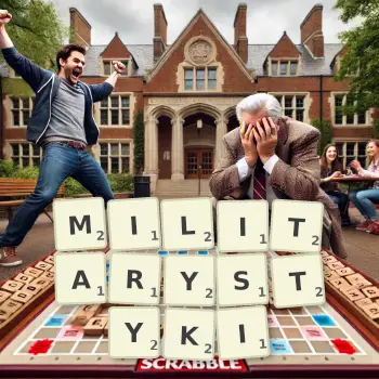 Kreatywna ilustracja do gry w Scrabble ze słowem MILITARYSTYKI ułożonym z płytek na planszy.