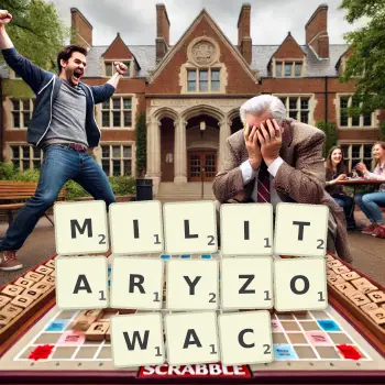 Kreatywna ilustracja do gry w Scrabble ze słowem MILITARYZOWAC ułożonym z płytek na planszy.