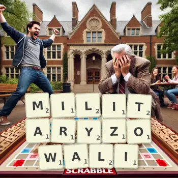 Kreatywna ilustracja do gry w Scrabble ze słowem MILITARYZOWALI ułożonym z płytek na planszy.