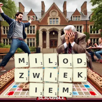 Kreatywna ilustracja do gry w Scrabble ze słowem MILODZWIEKIEM ułożonym z płytek na planszy.