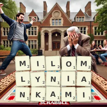 Kreatywna ilustracja do gry w Scrabble ze słowem MILOMLYNIANKAMI ułożonym z płytek na planszy.