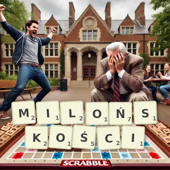 Kreatywna ilustracja do gry w Scrabble ze słowem MILOŃSKOŚCI ułożonym z płytek na planszy.