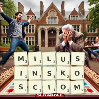 Kreatywna ilustracja do gry w Scrabble ze słowem MILUSINSKOSCIOM ułożonym z płytek na planszy.