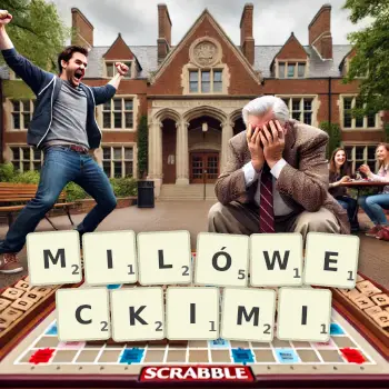 Kreatywna ilustracja do gry w Scrabble ze słowem MILÓWECKIMI ułożonym z płytek na planszy.