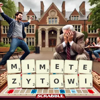 Kreatywna ilustracja do gry w Scrabble ze słowem MIMETEZYTOWI ułożonym z płytek na planszy.