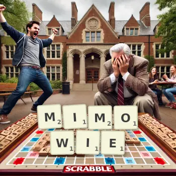 Kreatywna ilustracja do gry w Scrabble ze słowem MIMOWIE ułożonym z płytek na planszy.