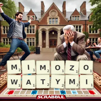 Kreatywna ilustracja do gry w Scrabble ze słowem MIMOZOWATYMI ułożonym z płytek na planszy.