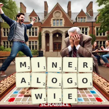 Kreatywna ilustracja do gry w Scrabble ze słowem MINERALOGOWIE ułożonym z płytek na planszy.