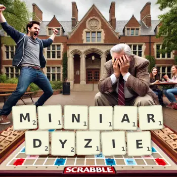 Kreatywna ilustracja do gry w Scrabble ze słowem MINIARDYZIE ułożonym z płytek na planszy.
