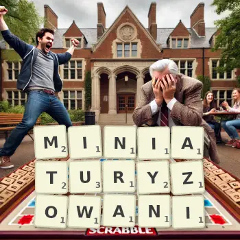 Kreatywna ilustracja do gry w Scrabble ze słowem MINIATURYZOWANI ułożonym z płytek na planszy.