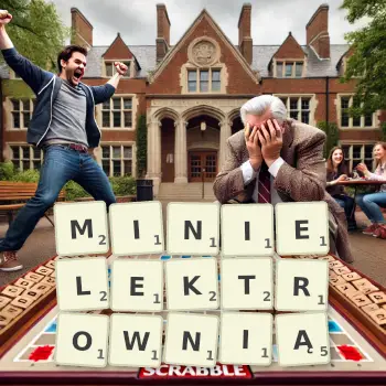 Kreatywna ilustracja do gry w Scrabble ze słowem MINIELEKTROWNIĄ ułożonym z płytek na planszy.