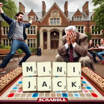 Kreatywna ilustracja do gry w Scrabble ze słowem MINIJACK ułożonym z płytek na planszy.