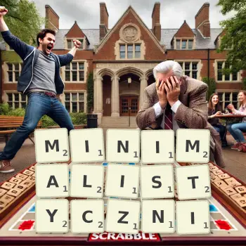 Kreatywna ilustracja do gry w Scrabble ze słowem MINIMALISTYCZNI ułożonym z płytek na planszy.