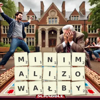 Kreatywna ilustracja do gry w Scrabble ze słowem MINIMALIZOWAŁBY ułożonym z płytek na planszy.