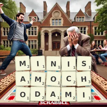 Kreatywna ilustracja do gry w Scrabble ze słowem MINISAMOCHODAMI ułożonym z płytek na planszy.