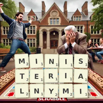 Kreatywna ilustracja do gry w Scrabble ze słowem MINISTERIALNYMI ułożonym z płytek na planszy.