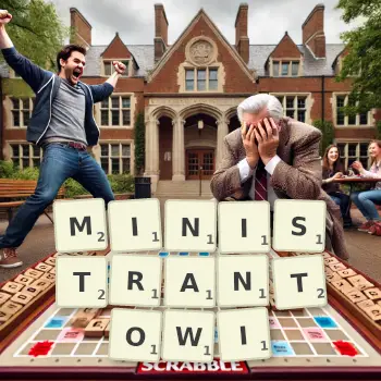 Kreatywna ilustracja do gry w Scrabble ze słowem MINISTRANTOWI ułożonym z płytek na planszy.