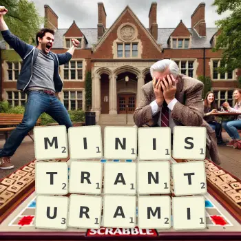 Kreatywna ilustracja do gry w Scrabble ze słowem MINISTRANTURAMI ułożonym z płytek na planszy.