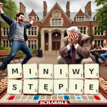 Kreatywna ilustracja do gry w Scrabble ze słowem MINIWYSTĘPIE ułożonym z płytek na planszy.