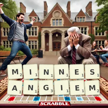 Kreatywna ilustracja do gry w Scrabble ze słowem MINNESANGIEM ułożonym z płytek na planszy.