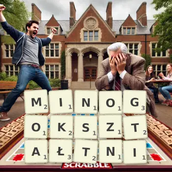 Kreatywna ilustracja do gry w Scrabble ze słowem MINOGOKSZTAŁTNI ułożonym z płytek na planszy.