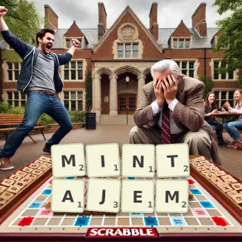 Kreatywna ilustracja do gry w Scrabble ze słowem MINTAJEM ułożonym z płytek na planszy.