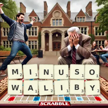 Kreatywna ilustracja do gry w Scrabble ze słowem MINUSOWALIBY ułożonym z płytek na planszy.