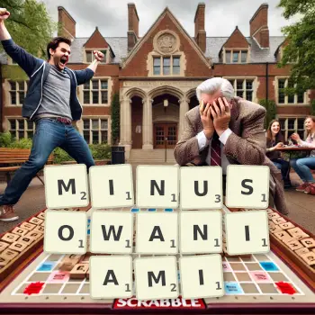 Kreatywna ilustracja do gry w Scrabble ze słowem MINUSOWANIAMI ułożonym z płytek na planszy.