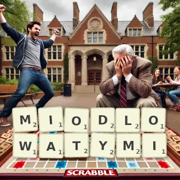 Kreatywna ilustracja do gry w Scrabble ze słowem MIODLOWATYMI ułożonym z płytek na planszy.