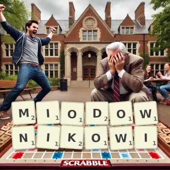 Kreatywna ilustracja do gry w Scrabble ze słowem MIODOWNIKOWI ułożonym z płytek na planszy.