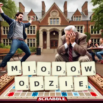 Kreatywna ilustracja do gry w Scrabble ze słowem MIODOWODZIE ułożonym z płytek na planszy.