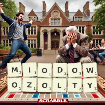 Kreatywna ilustracja do gry w Scrabble ze słowem MIODOWOZOLTY ułożonym z płytek na planszy.