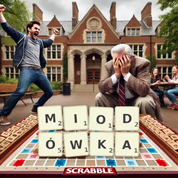 Kreatywna ilustracja do gry w Scrabble ze słowem MIODÓWKA ułożonym z płytek na planszy.