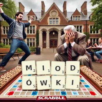 Kreatywna ilustracja do gry w Scrabble ze słowem MIODÓWKI ułożonym z płytek na planszy.