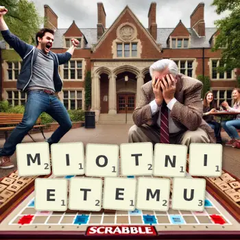 Kreatywna ilustracja do gry w Scrabble ze słowem MIOTNIETEMU ułożonym z płytek na planszy.