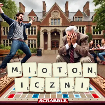 Kreatywna ilustracja do gry w Scrabble ze słowem MIOTONICZNI ułożonym z płytek na planszy.