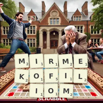 Kreatywna ilustracja do gry w Scrabble ze słowem MIRMEKOFILIOM ułożonym z płytek na planszy.