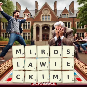 Kreatywna ilustracja do gry w Scrabble ze słowem MIROSLAWIECKIMI ułożonym z płytek na planszy.