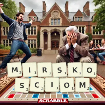 Kreatywna ilustracja do gry w Scrabble ze słowem MIRSKOSCIOM ułożonym z płytek na planszy.