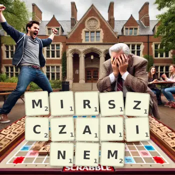 Kreatywna ilustracja do gry w Scrabble ze słowem MIRSZCZANINEM ułożonym z płytek na planszy.