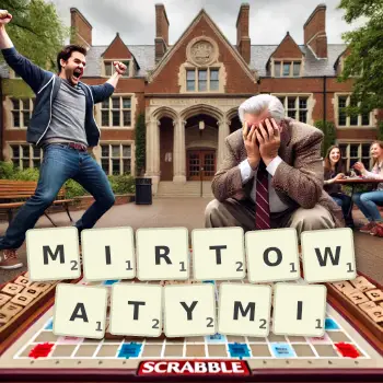 Kreatywna ilustracja do gry w Scrabble ze słowem MIRTOWATYMI ułożonym z płytek na planszy.