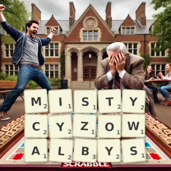 Kreatywna ilustracja do gry w Scrabble ze słowem MISTYCYZOWALBYS ułożonym z płytek na planszy.