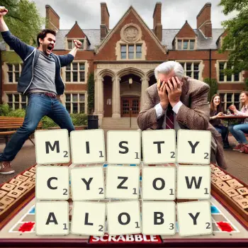 Kreatywna ilustracja do gry w Scrabble ze słowem MISTYCYZOWALOBY ułożonym z płytek na planszy.