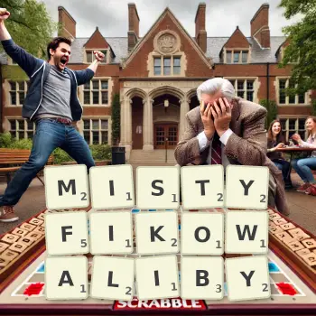 Kreatywna ilustracja do gry w Scrabble ze słowem MISTYFIKOWALIBY ułożonym z płytek na planszy.