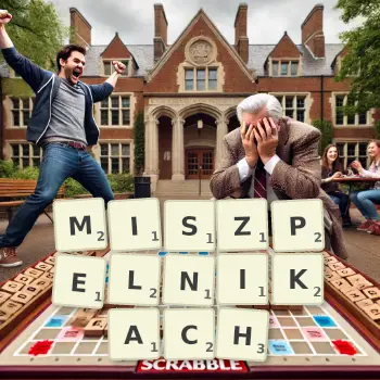 Kreatywna ilustracja do gry w Scrabble ze słowem MISZPELNIKACH ułożonym z płytek na planszy.