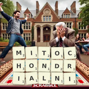 Kreatywna ilustracja do gry w Scrabble ze słowem MITOCHONDRIALNI ułożonym z płytek na planszy.